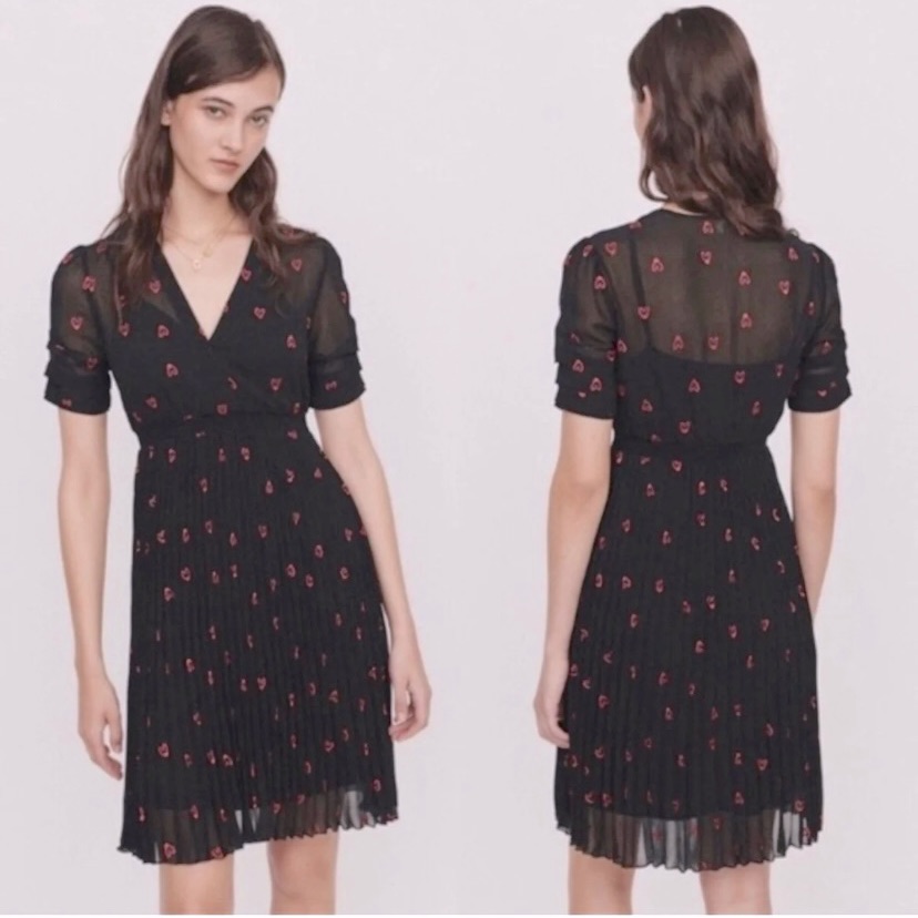 Maje Heart Embroidered Short Black Dress